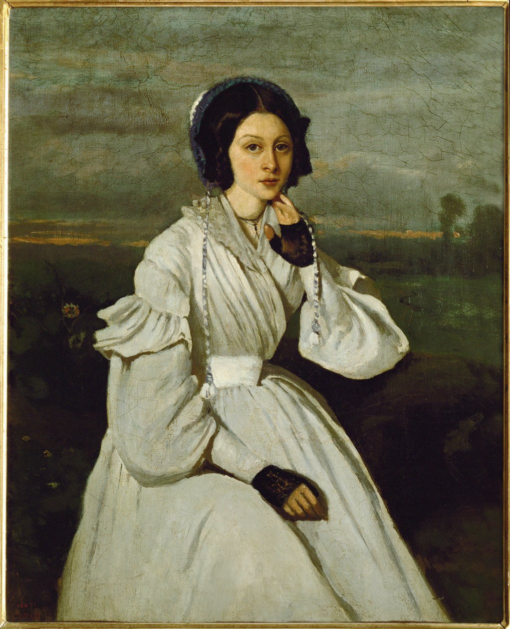 Tyttö valkoisessa mekossa maisemassa ... tekijältä Jean Baptiste Camille Corot