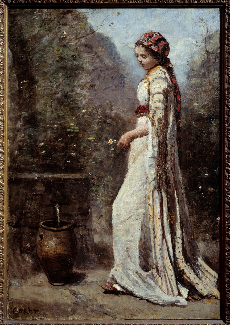 Kreikkalaisella tytöllä on suihkulähde. Camille Corotin (1796-1875) maalaus tekijältä Jean Baptiste Camille Corot