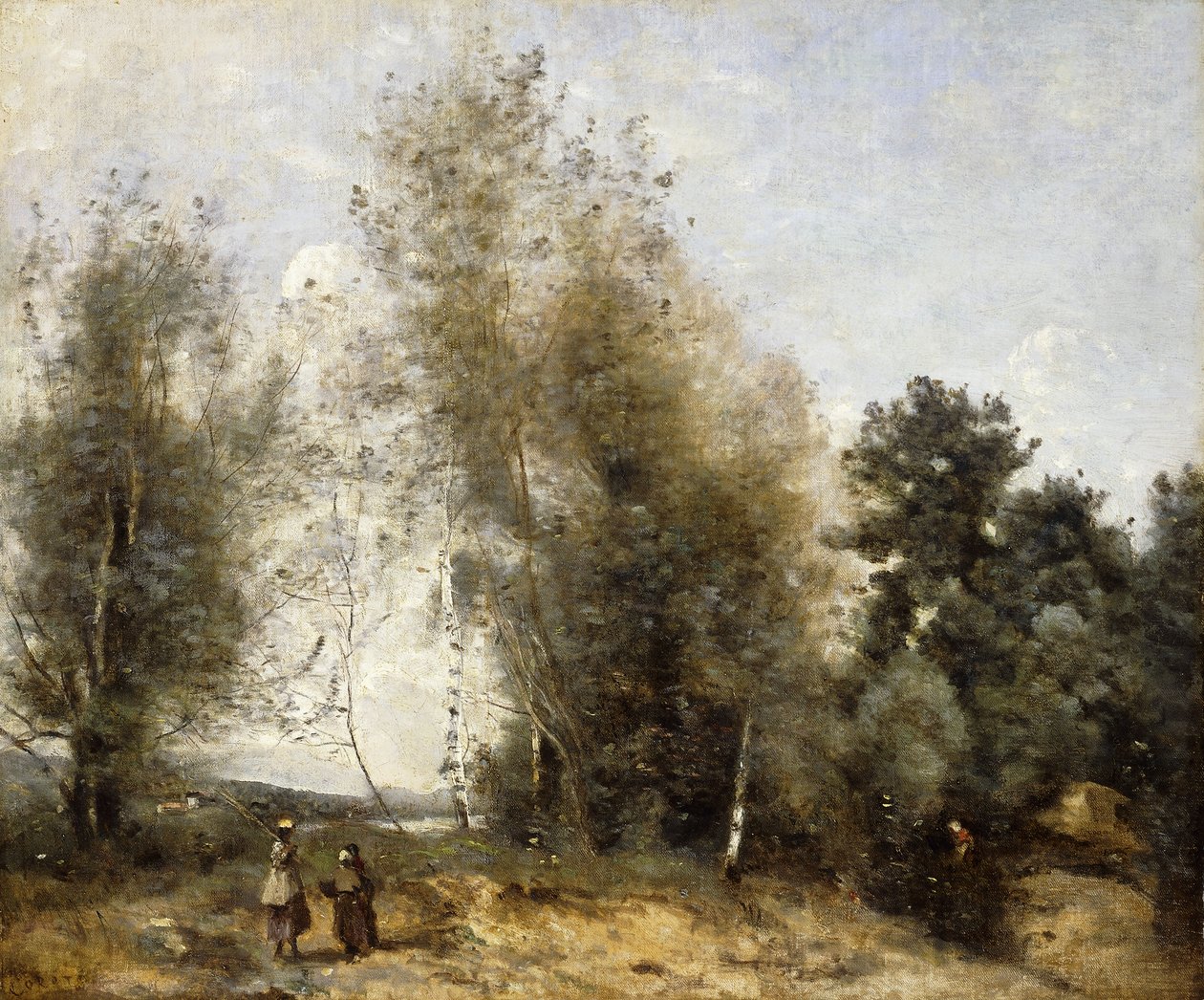 Ryhmä puita lammen reunalla kolmen talonpojan kanssa; Puuryhmä lammen reunalla, kolme talonpoikatyttöä, n. 1865-1870 tekijältä Jean Baptiste Camille Corot