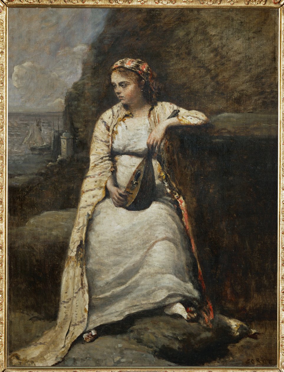 Haydee, jeune femme en costume grec - kreikkalaiseen pukuun pukeutunut nuori nainen, ehkä Byronin "Don Juanin" sankaritar ... tekijältä Jean Baptiste Camille Corot