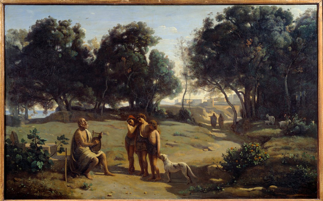 Homer ja paimenet. Kreikkalainen runoilija Patmoksen saarella. Camille Corotin (1796-1875) maalaus 1845 su. 0,8x1,3 m Saint Lo, Musee des Beaux Arts tekijältä Jean Baptiste Camille Corot