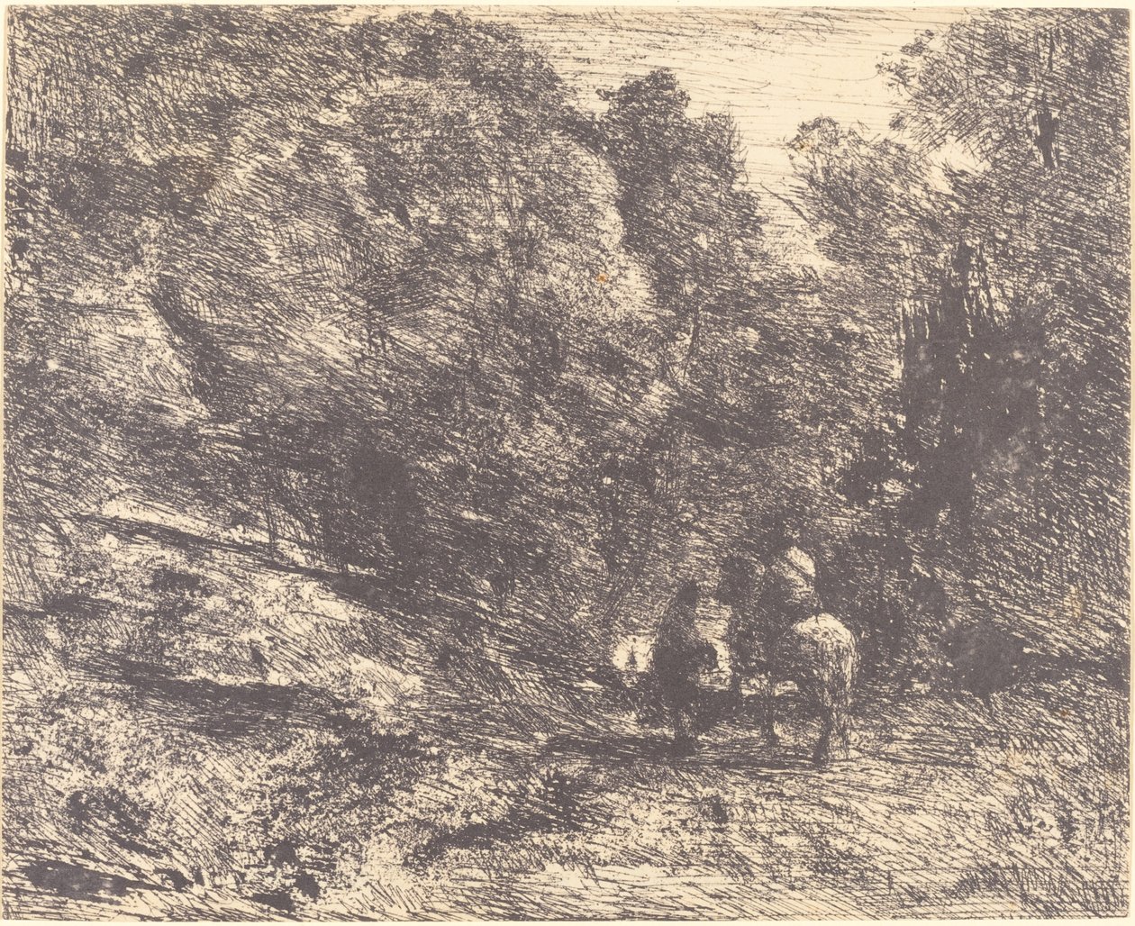 Ratsasmies ja kulkuri metsässä tekijältä Jean Baptiste Camille Corot