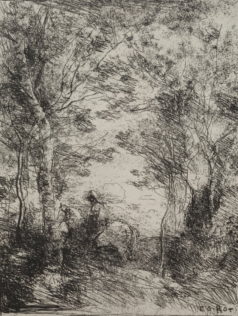 Horseman in the Woods, alkuperäinen jäljennös 1854, painettu 1921. tekijältä Jean Baptiste Camille Corot