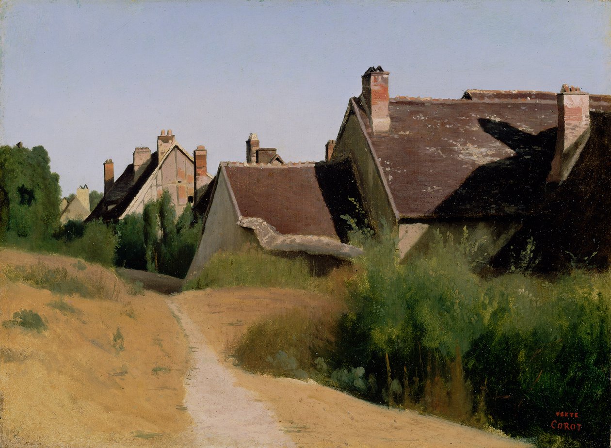 Taloja lähellä Orléansia. n. 1830 (öljy paperille asennettuna myllylevylle) tekijältä Jean Baptiste Camille Corot