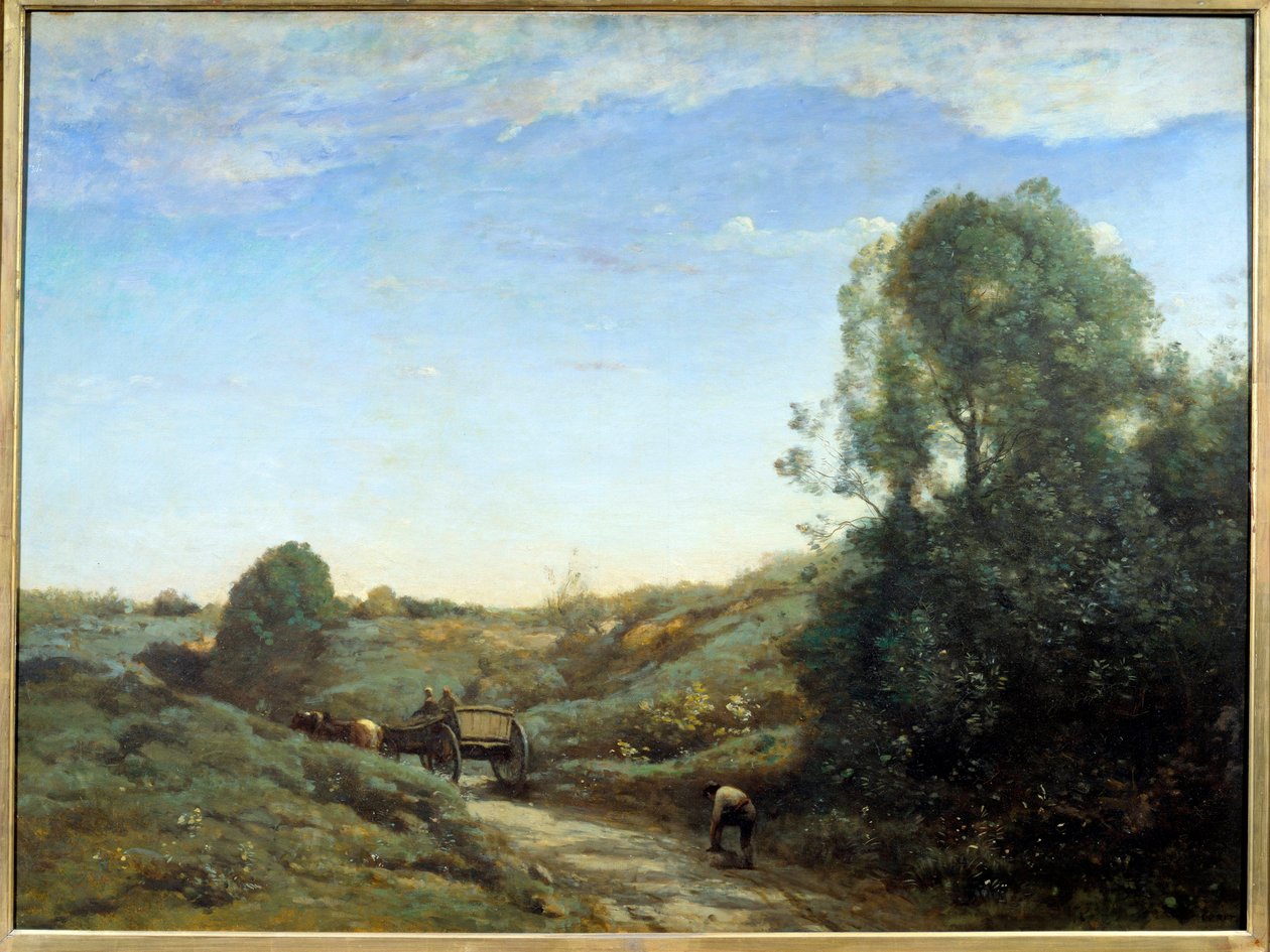 La Charrette - Marcoussisin matkamuisto (lähellä Montlheryä). Camille Corotin (1796-1875) maalaus noin 1855. Öljy kankaalle. Koko: 0,97 x 1,30 m. Pariisi, Musee d