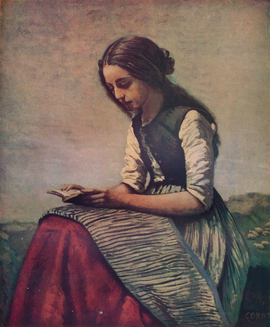 La petite Liseuse eli Nuori paimentytär istuu ja lukee, c1855 tekijältä Jean Baptiste Camille Corot