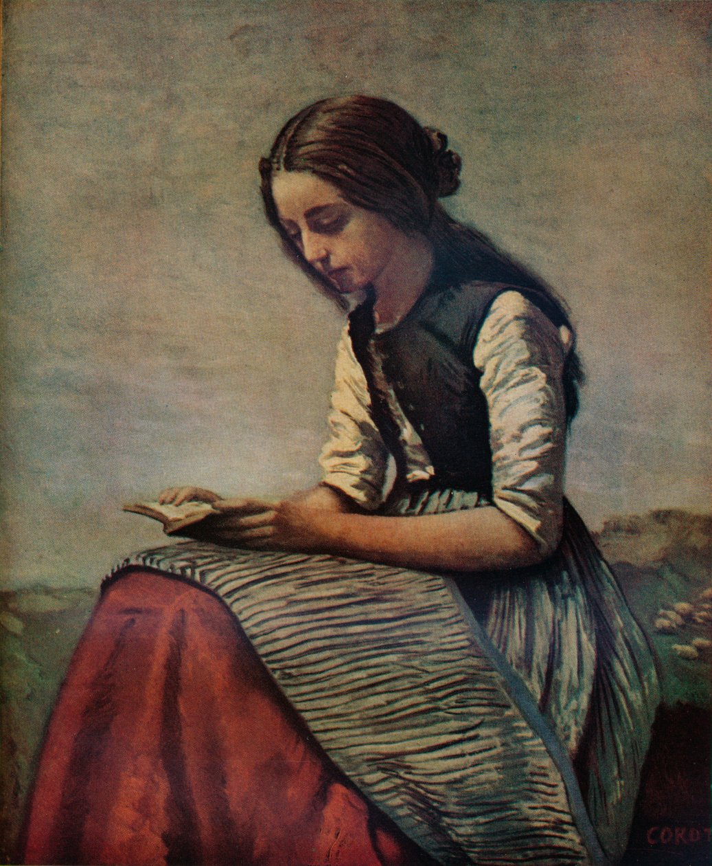 La petite Liseuse eli Nuori paimentytär istuu ja lukee, c1855 tekijältä Jean Baptiste Camille Corot
