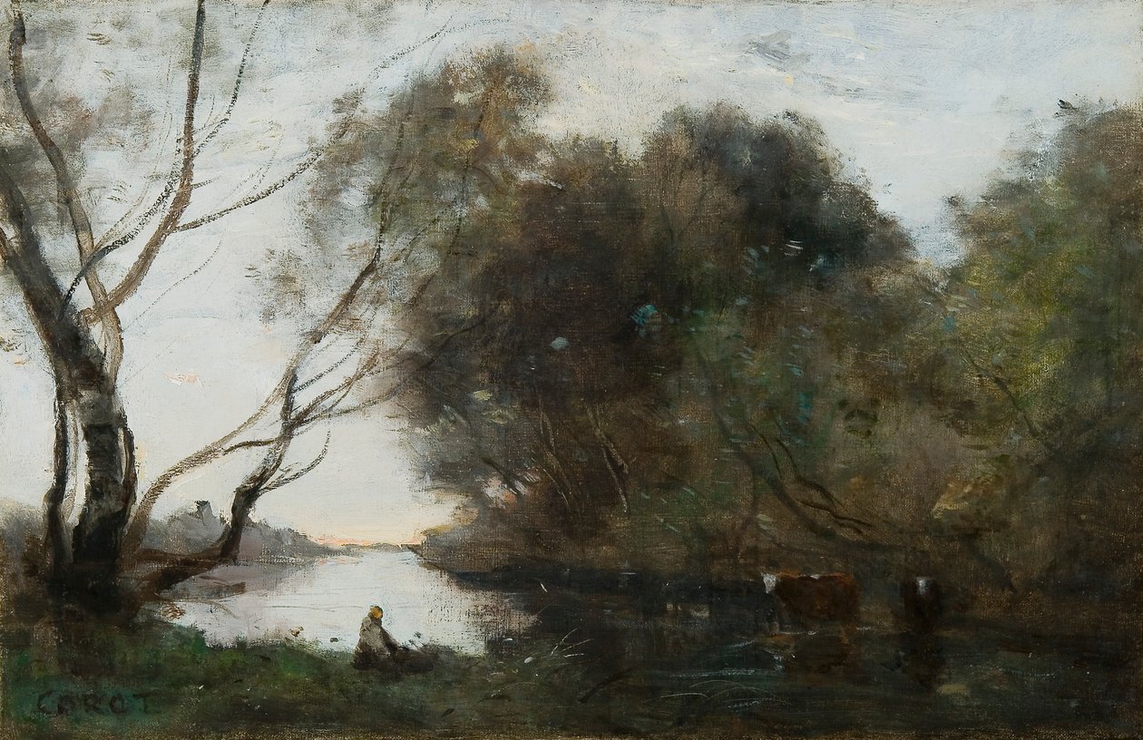 Järvi: Laskeva aurinko, n. 1820-1860. tekijältä Jean Baptiste Camille Corot