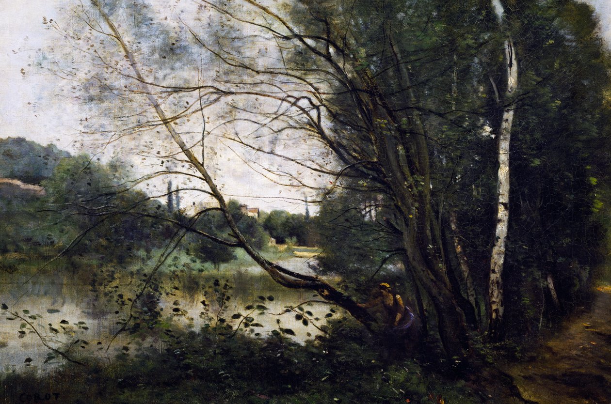 Järvi kalteva puunrunko tekijältä Jean Baptiste Camille Corot