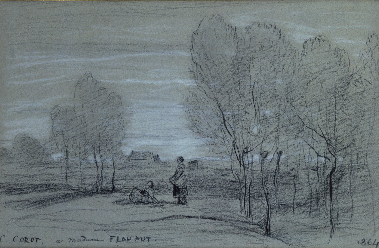 Maisema, 1864 (mustavalkoisia liituja paperilla) tekijältä Jean Baptiste Camille Corot