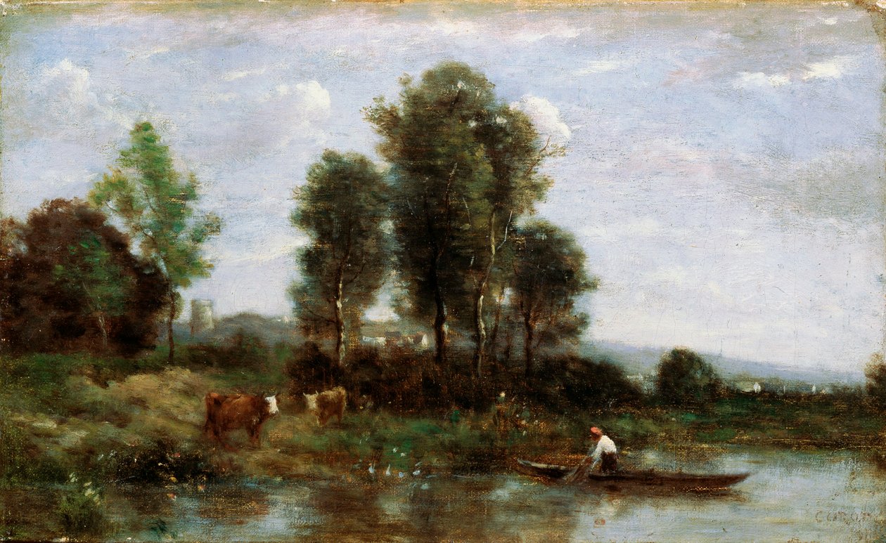 Maisema joen kanssa, 1800-luku tekijältä Jean Baptiste Camille Corot