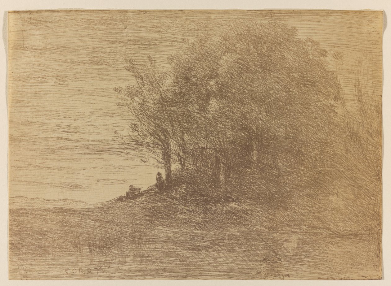 Le Bois de LErmite, 1858 (cliche-verre bistre-ruskeana kudottupaperille) tekijältä Jean Baptiste Camille Corot