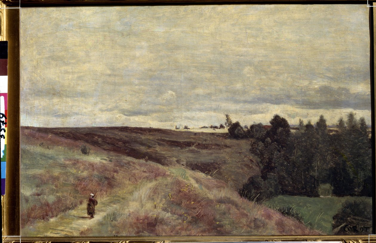 ""Kanervan peittämät kukkulat lähellä Vimoutiersia Normandiassa"" (Kanervan peittämät kukkulat lähellä Vimoutiersia) Camille Corotin (1796-1875) maalaus noin 1860 Pouchkine-museo, Moskova tekijältä Jean Baptiste Camille Corot