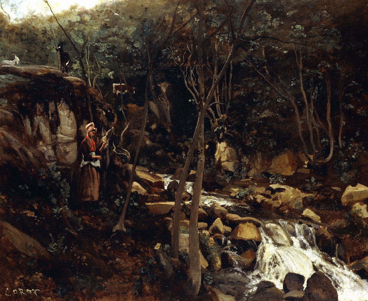 Lormes - Torrent seisovan talonpojan kanssa, kehrävä villa, 1842 tekijältä Jean Baptiste Camille Corot