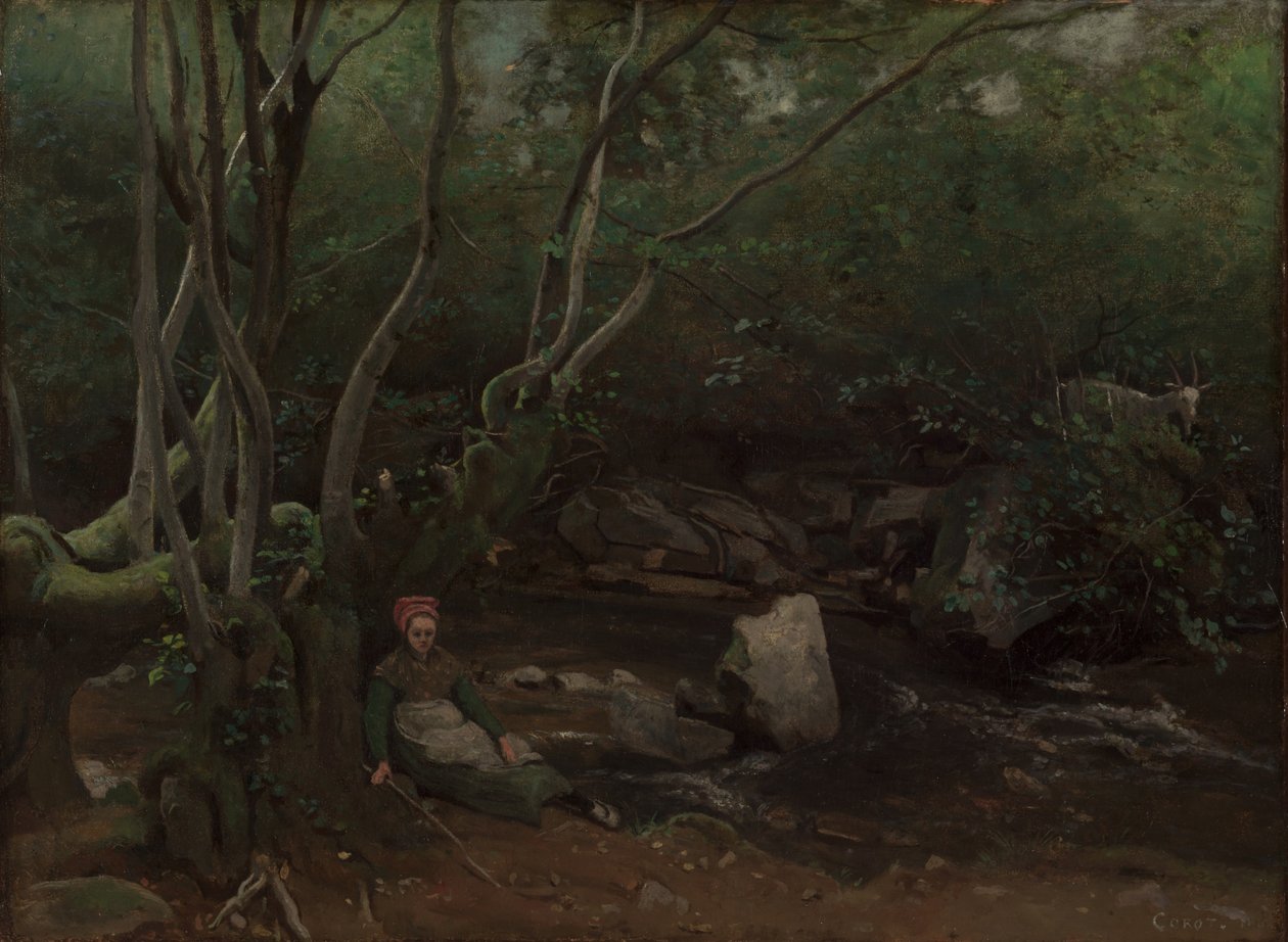 Lormes: Vuohityttö istuu metsässä puron varrella. tekijältä Jean Baptiste Camille Corot