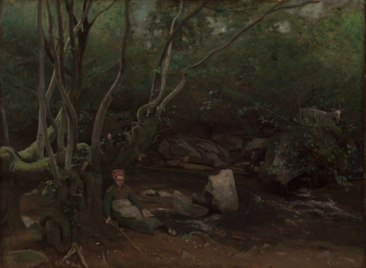 Lormes: Vuohityttö istuu puron vieressä metsässä, 1842. tekijältä Jean Baptiste Camille Corot