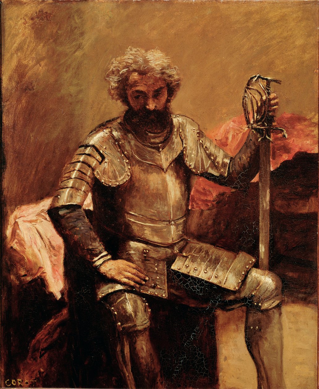 Man in panssari tai "" Man of Arms istuu"" Maalaus Jean Baptiste Camille Corot tekijältä Jean Baptiste Camille Corot