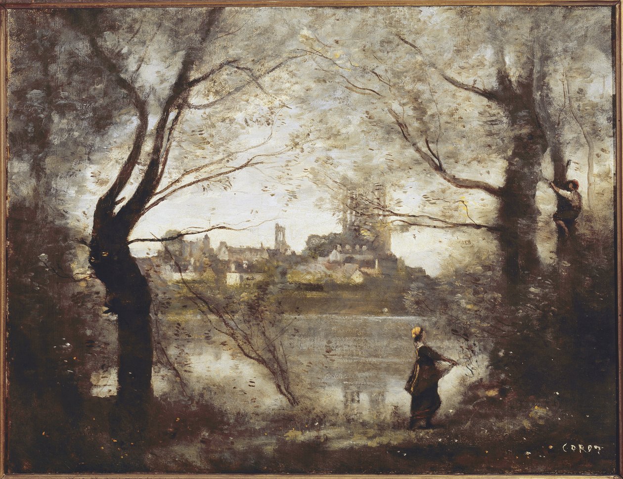 Mantes, katedraali ja kaupunki nähtynä puiden läpi, ilta (öljy kankaalle tekijältä Jean Baptiste Camille Corot