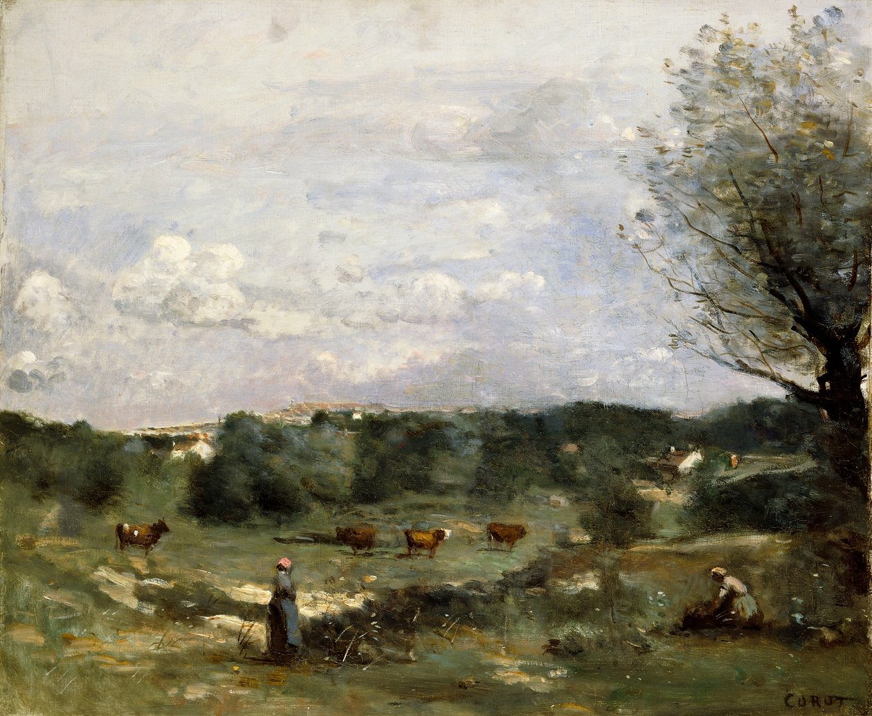 Lehmien niitty, oikealla paju ja kaukainen kylä, tekijältä Jean Baptiste Camille Corot