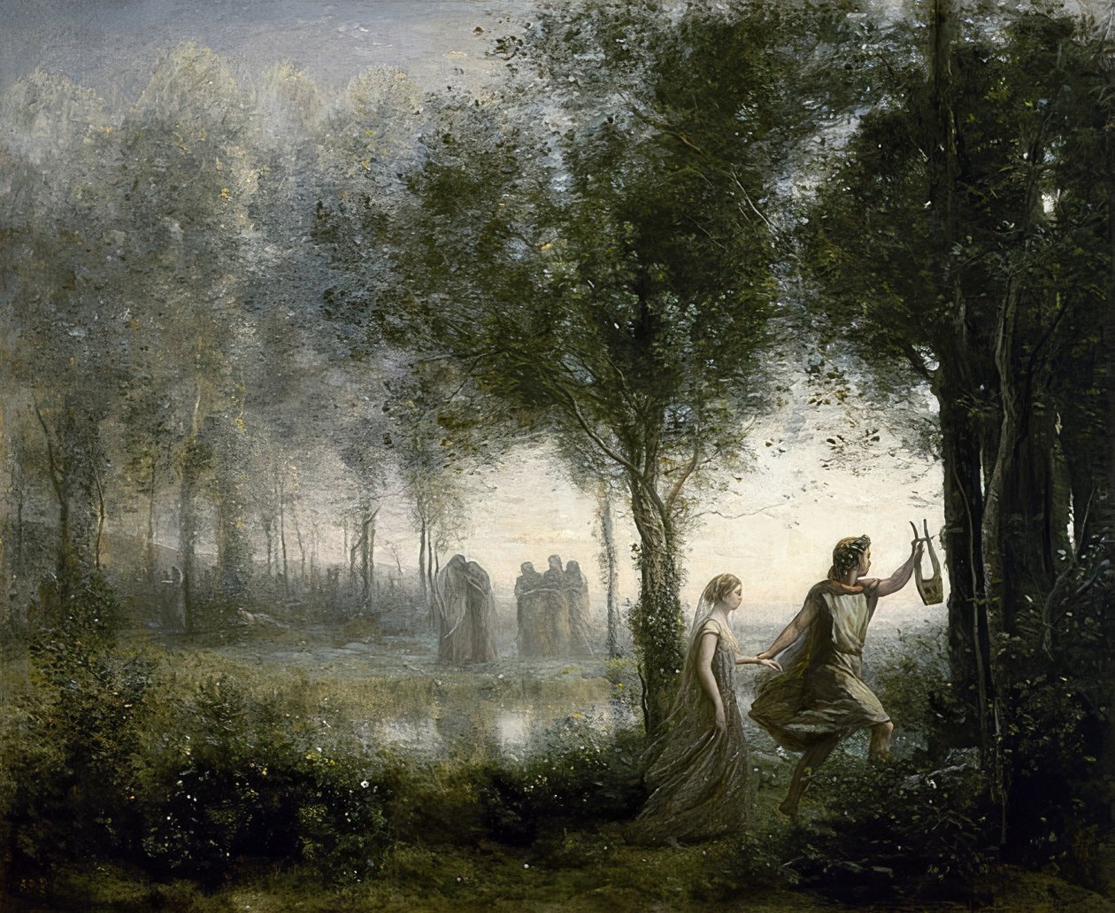Orpheus johdattaa Eurydiken alamaailmasta. 1861 tekijältä Jean Baptiste Camille Corot