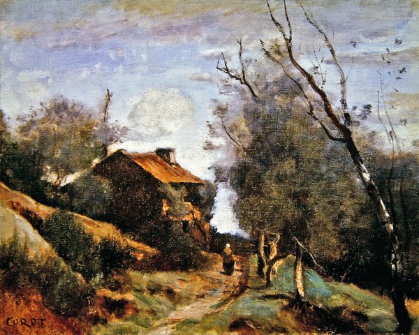 Polku, joka johtaa talolle maalla (öljy kankaalle) tekijältä Jean Baptiste Camille Corot