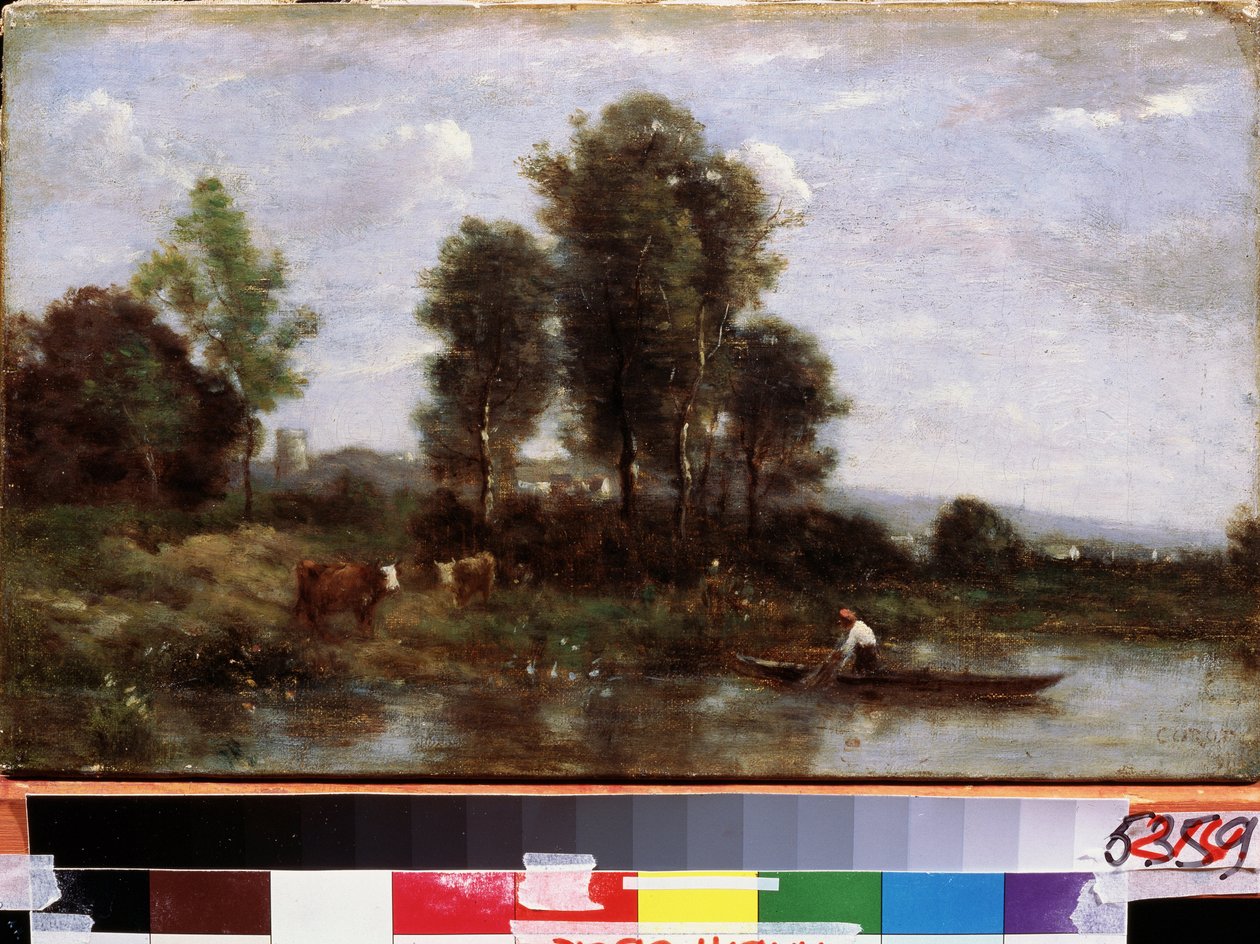 ""Paysage a la riviere"" (Maisema joen kanssa) Camille Corotin (1796-1875) maalaus 1800-luvun Kaukoidän taidemuseo, Habarovsk, Venäjä tekijältä Jean Baptiste Camille Corot