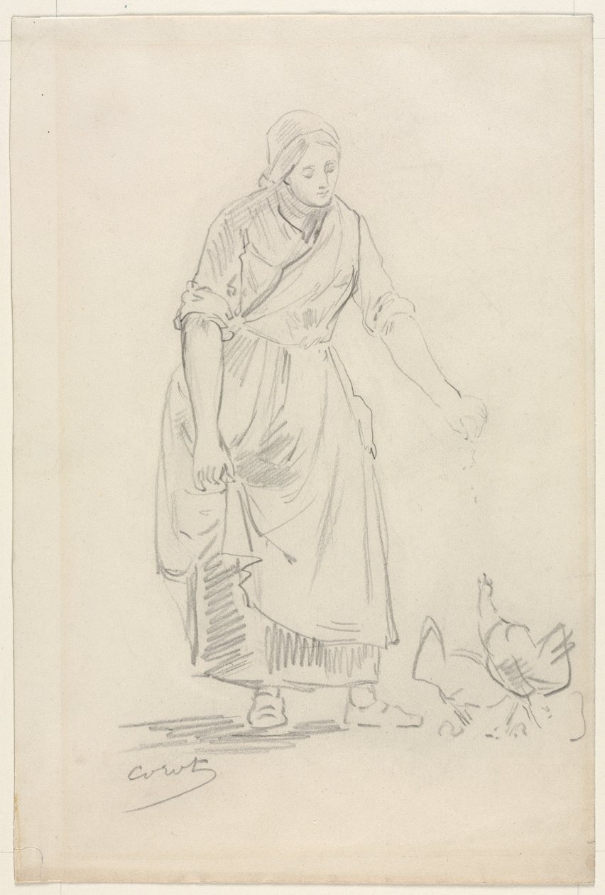 Talonpoikatyttö ruokkii kanoja, 1800-luku. tekijältä Jean Baptiste Camille Corot