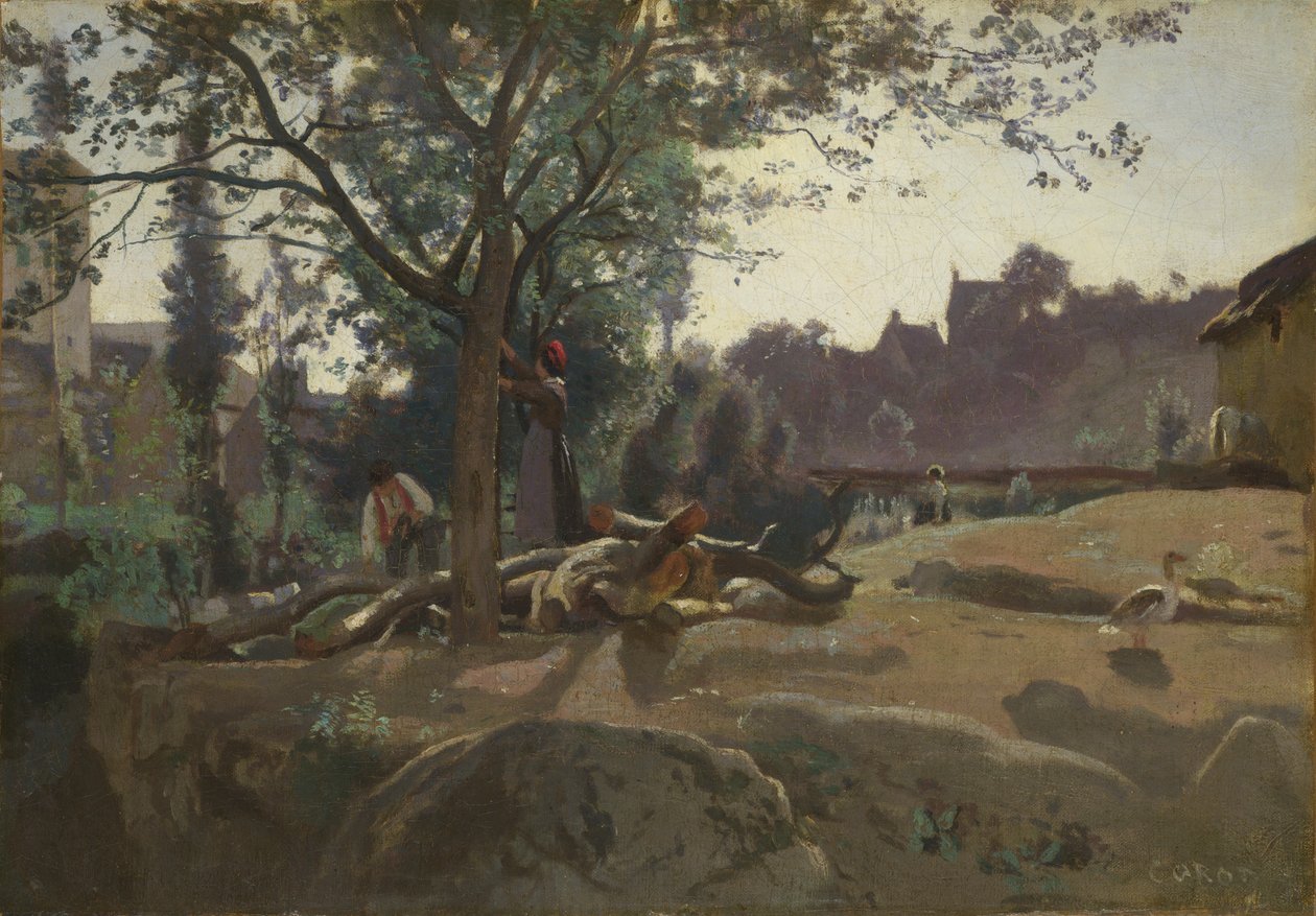 Talonpojat puiden alla aamunkoitteessa, n. 1843 tekijältä Jean Baptiste Camille Corot