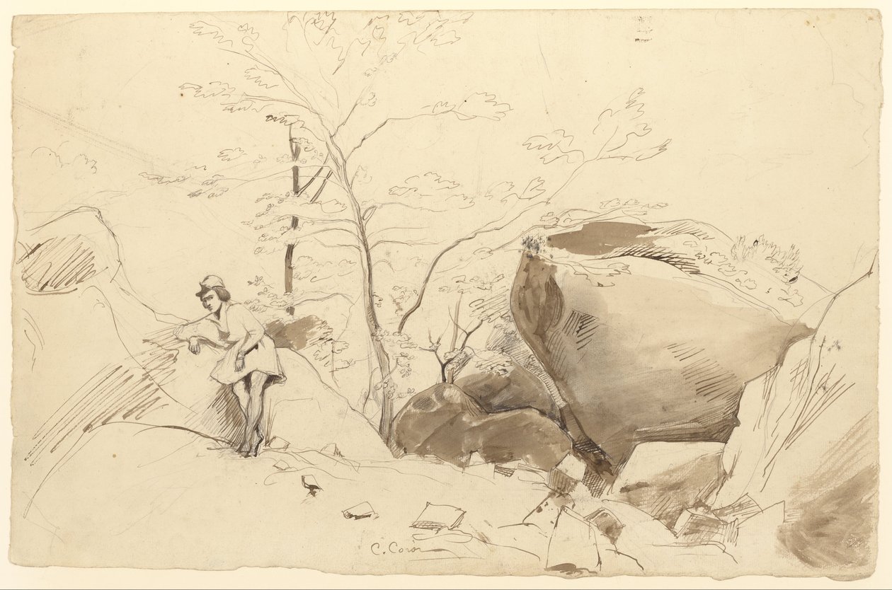 Kynä ja ruskea muste, sivellin ja ruskea pesu lyijykynän päälle paperille. tekijältä Jean Baptiste Camille Corot