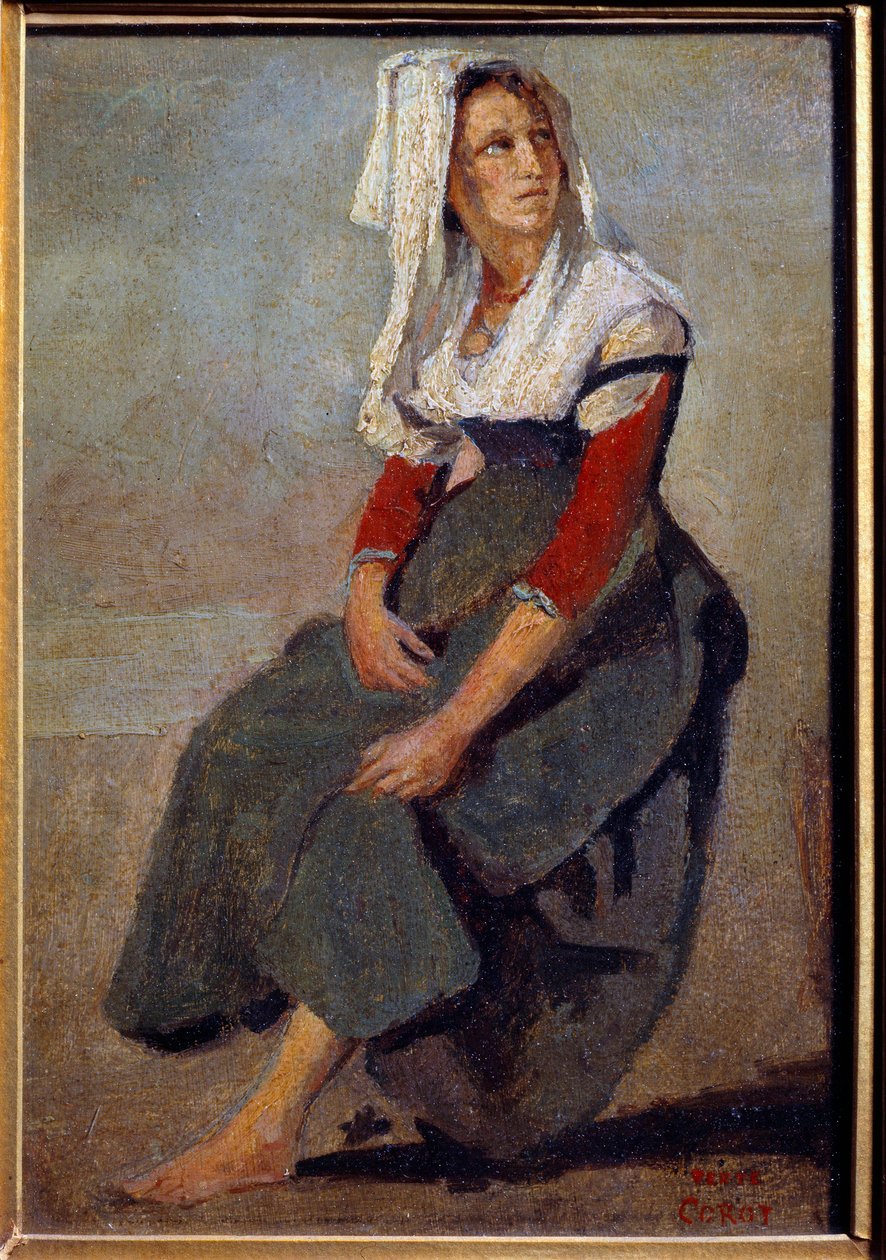 Italialaisen Maria de Sorren muotokuva istumassa pää ylhäällä Camille Corotin maalaus pahville tekijältä Jean Baptiste Camille Corot