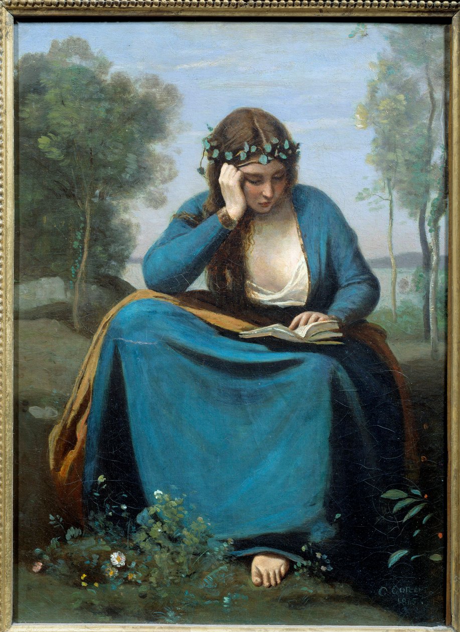 Kukkiin kruunattu lukija tai muusa Camille Corotin (1796-1875) Virgile-maalauksesta 1845 Dim. 0,45x0,34 m tekijältä Jean Baptiste Camille Corot