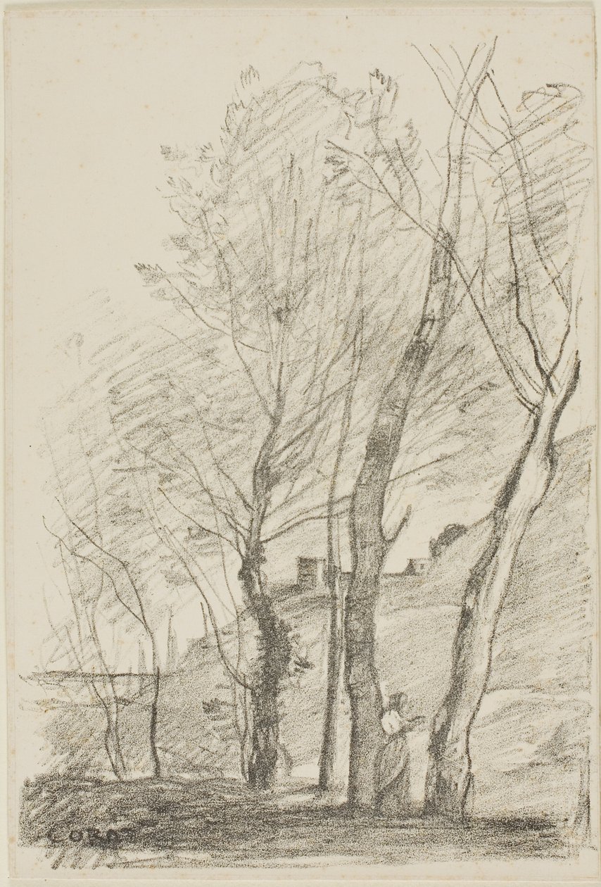 Lukeminen puiden alla tekijältä Jean Baptiste Camille Corot