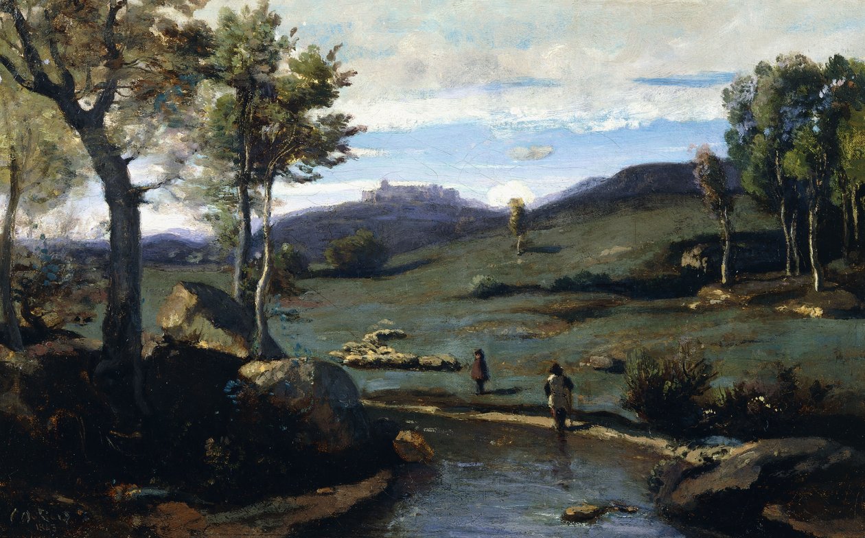 Roomalainen maaseutu - Rocky Valley ja sikalauma, 1843 tekijältä Jean Baptiste Camille Corot