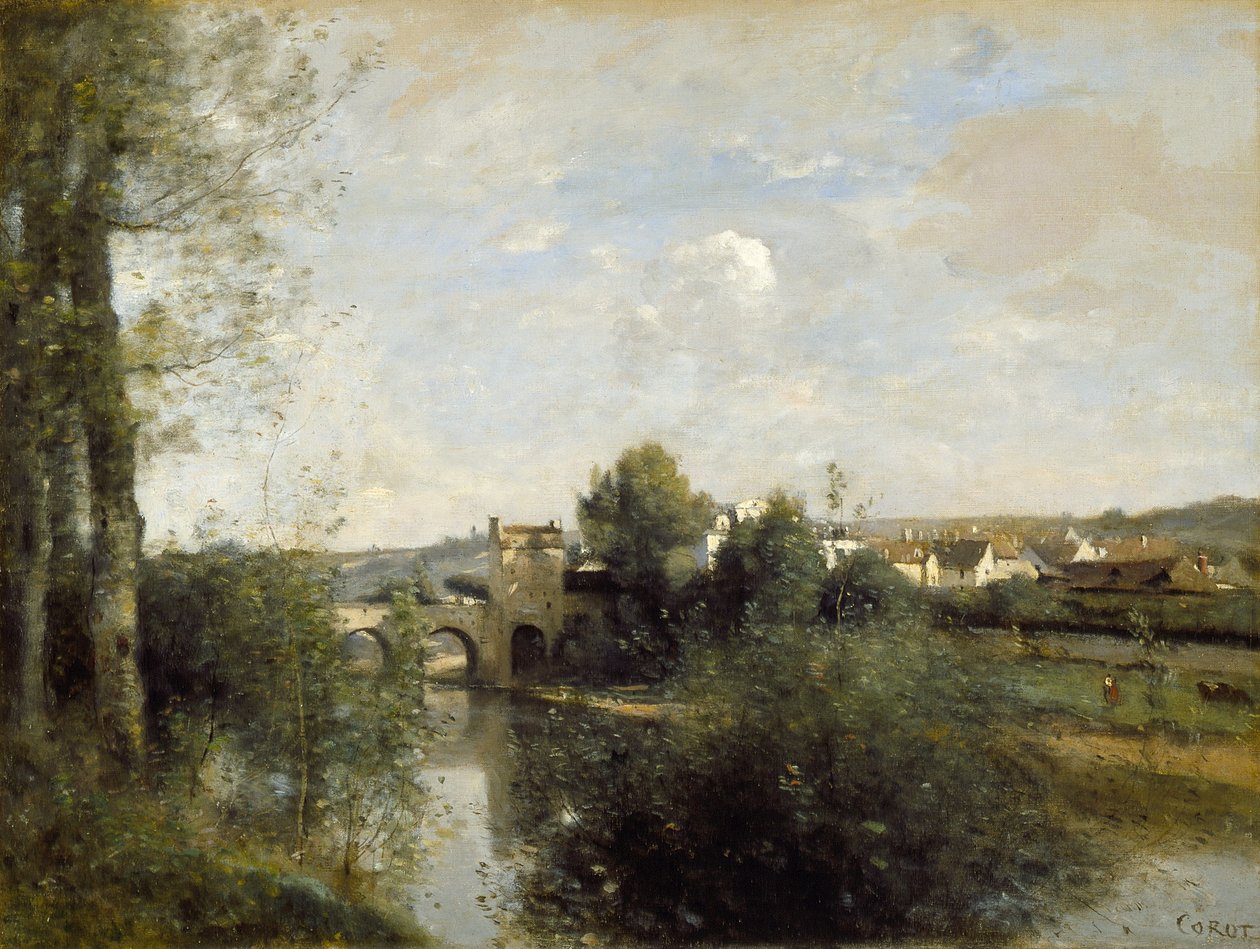 Seine ja vanha silta Limayssa tekijältä Jean Baptiste Camille Corot