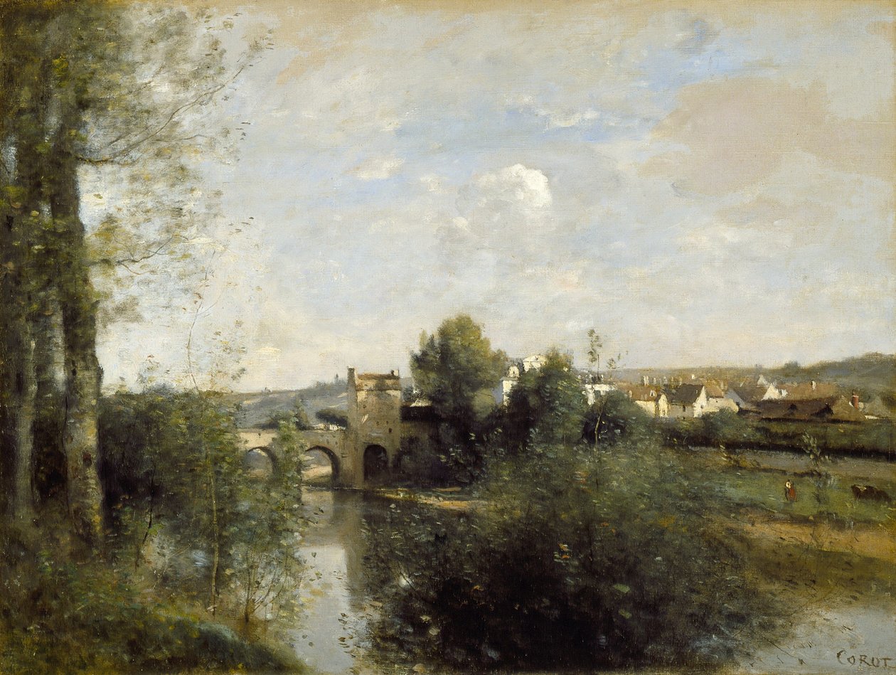 Seine ja vanha silta Limayssa, 1872 tekijältä Jean Baptiste Camille Corot
