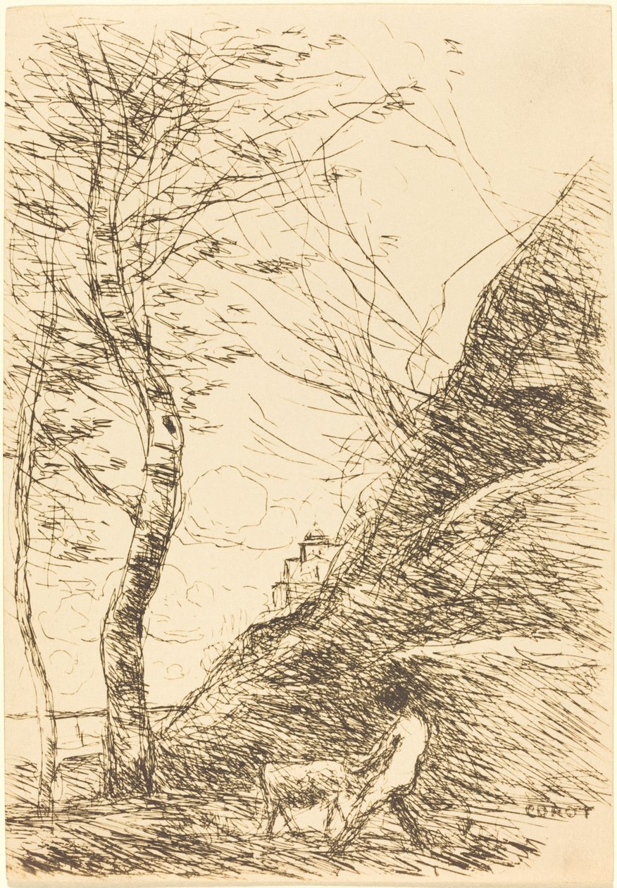 Paimen kamppailee vuohen kanssa (Berger luttant avec sa chevre) tekijältä Jean Baptiste Camille Corot