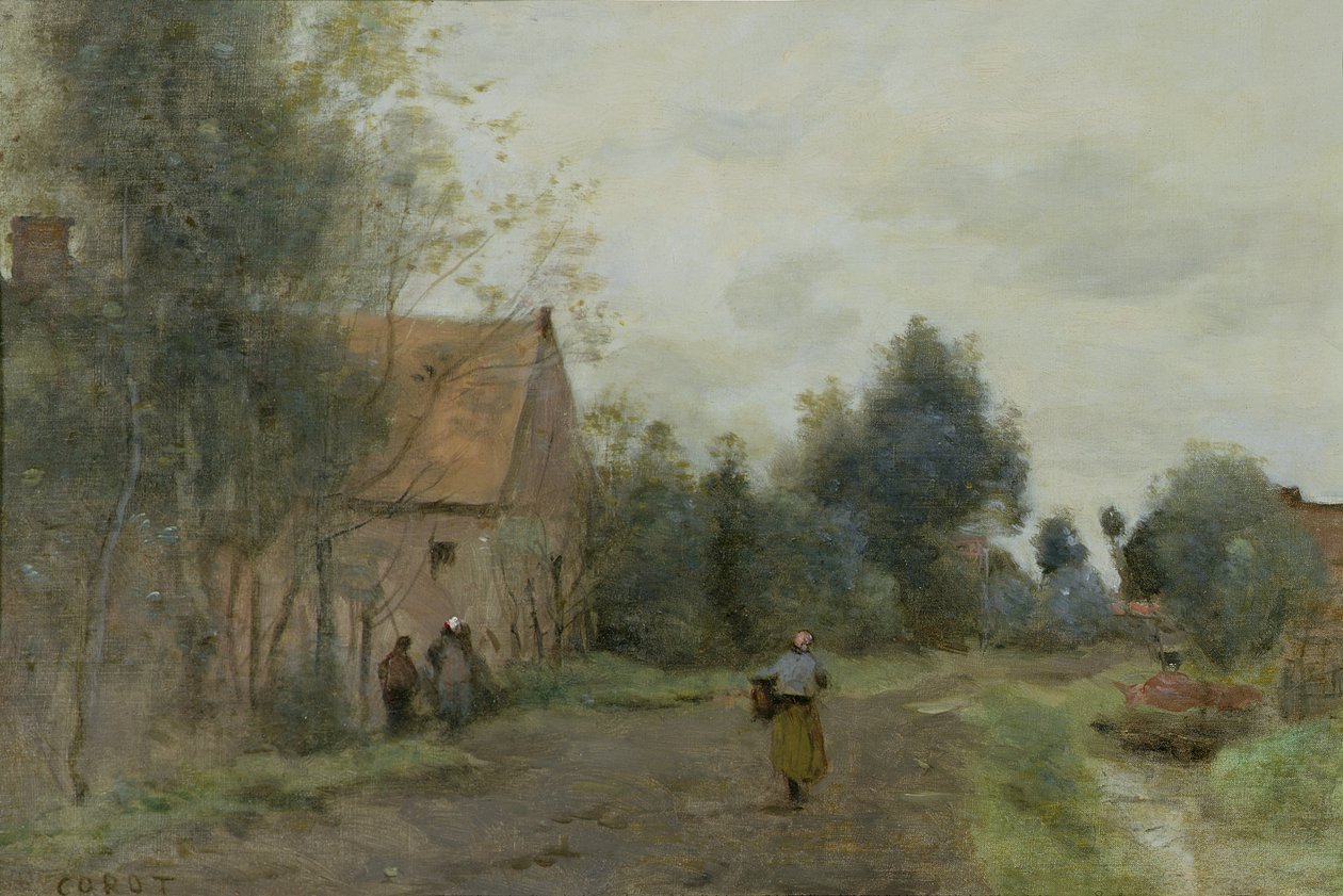Synti lähellä Douaita, Village Street aamulla, harmaa sää, 1872 tekijältä Jean Baptiste Camille Corot