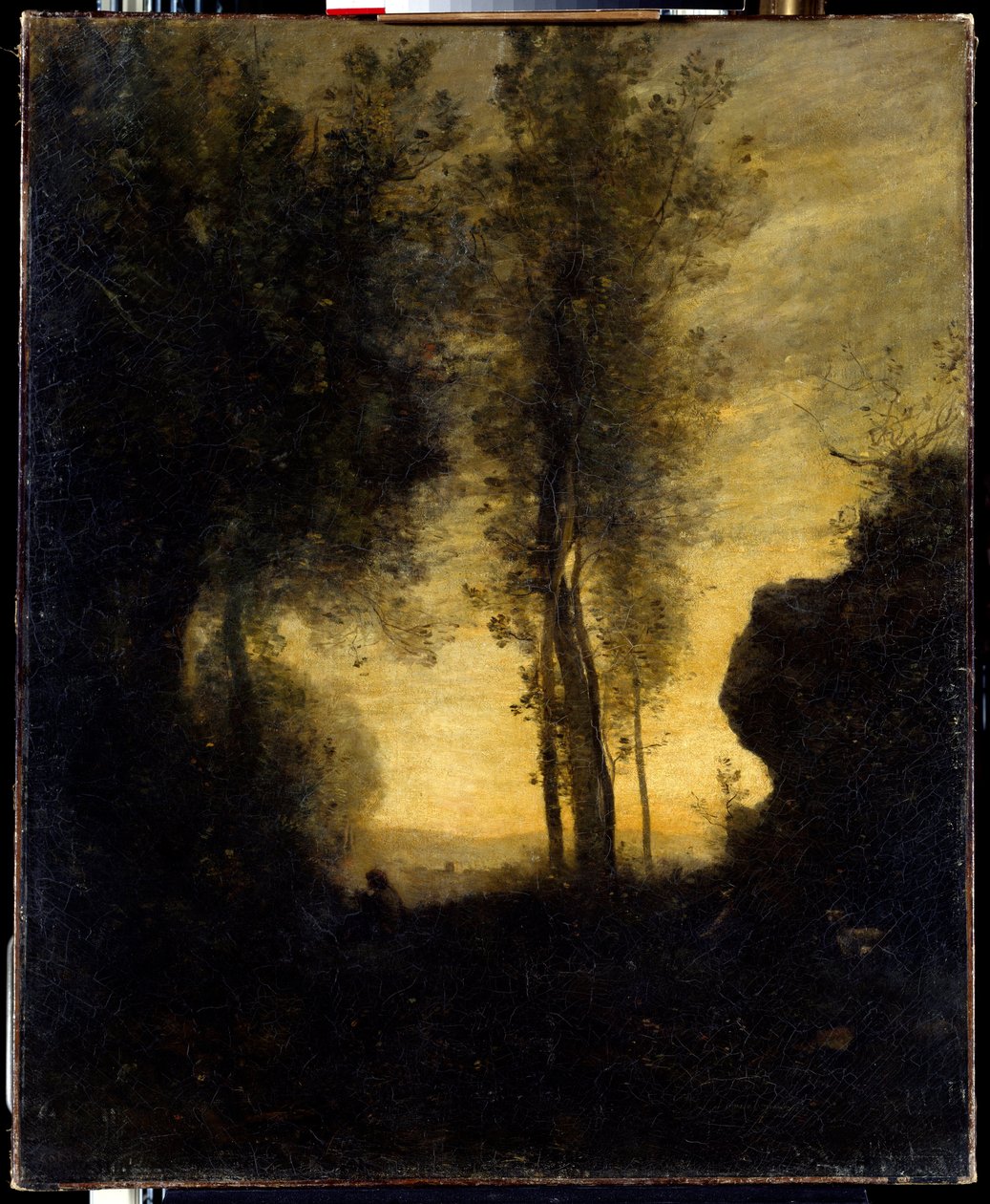 Istuva vuohi soittaa huilua aukiolla. Camille Corotin (1796-1875) maalaus tekijältä Jean Baptiste Camille Corot