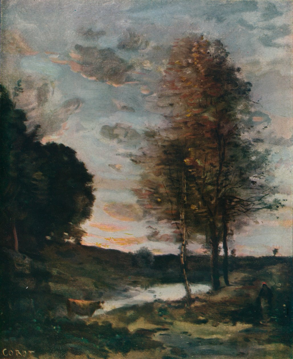 Laskeva aurinko, c1910 tekijältä Jean Baptiste Camille Corot