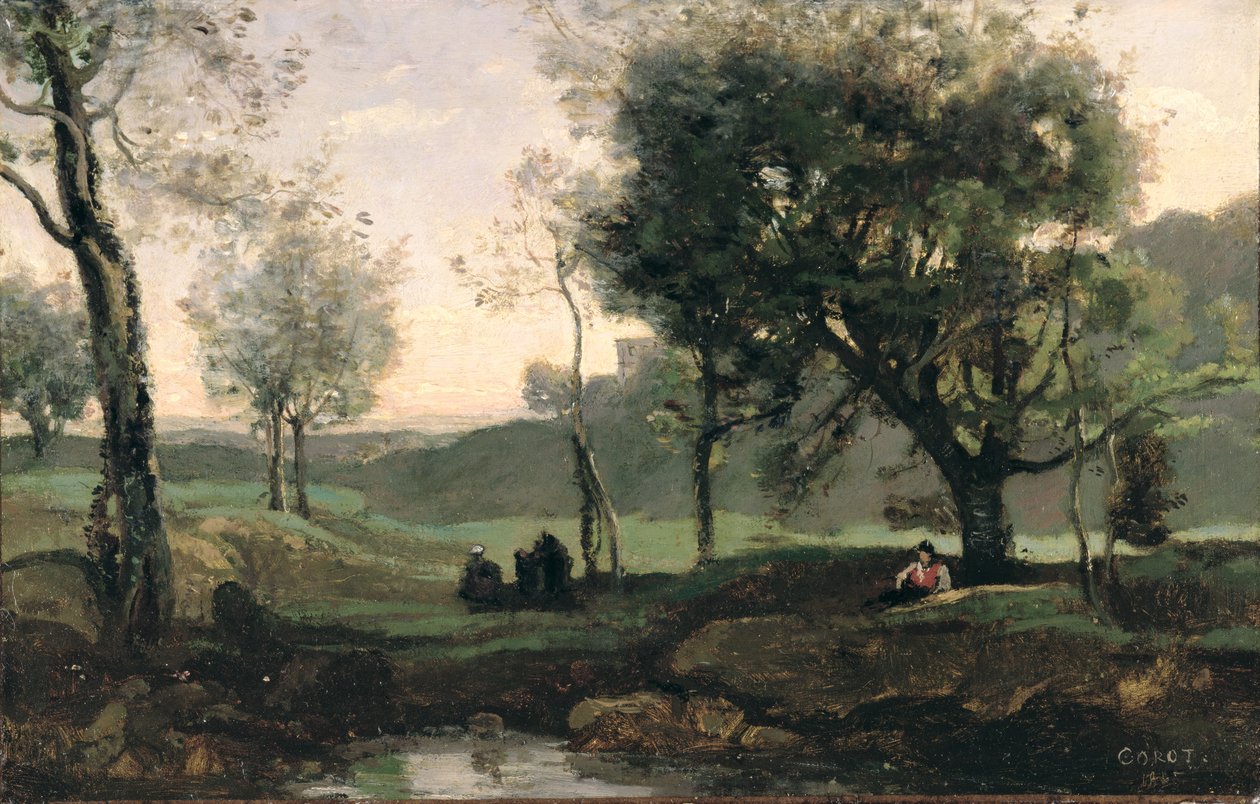 Auringonlasku: Figuurit puiden alla (öljy kankaalle) tekijältä Jean Baptiste Camille Corot