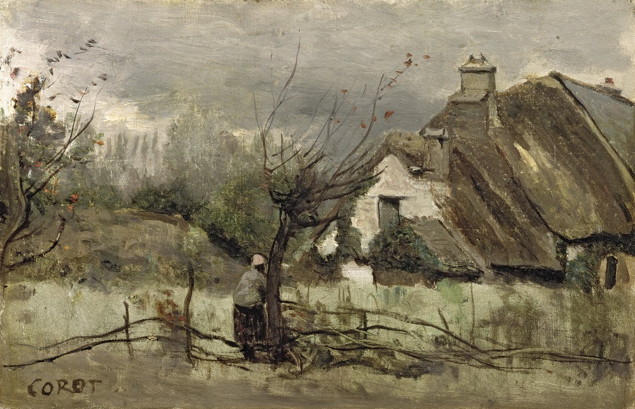 Olkikattoinen mökki Picardiessa tekijältä Jean Baptiste Camille Corot