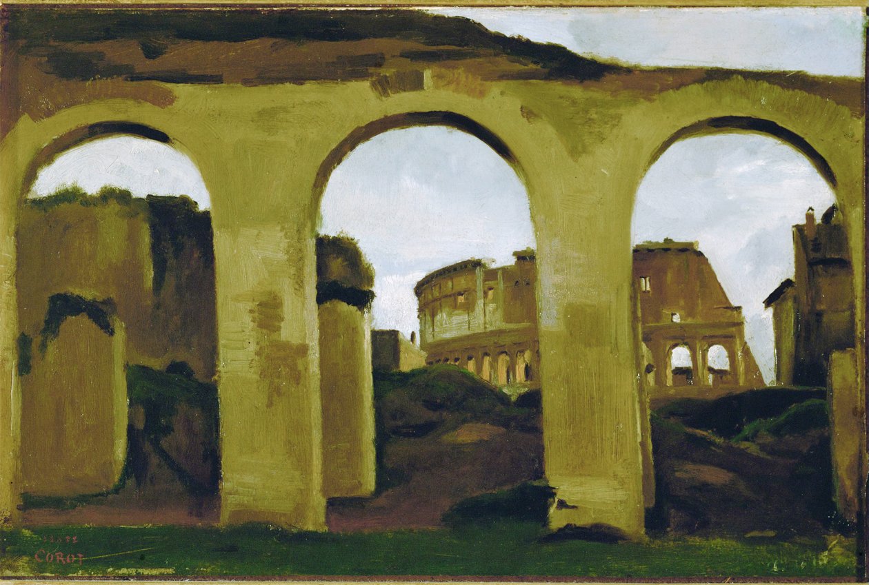 Colosseum, nähtynä Basilica Saint Constantinin arkadien yli, Rooma ... tekijältä Jean Baptiste Camille Corot