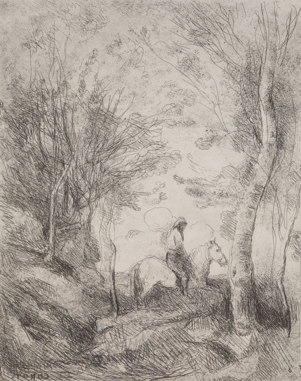The Great Cavalier in the Wood, alkuperäinen jäljennös 1854, painettu 1921. tekijältä Jean Baptiste Camille Corot