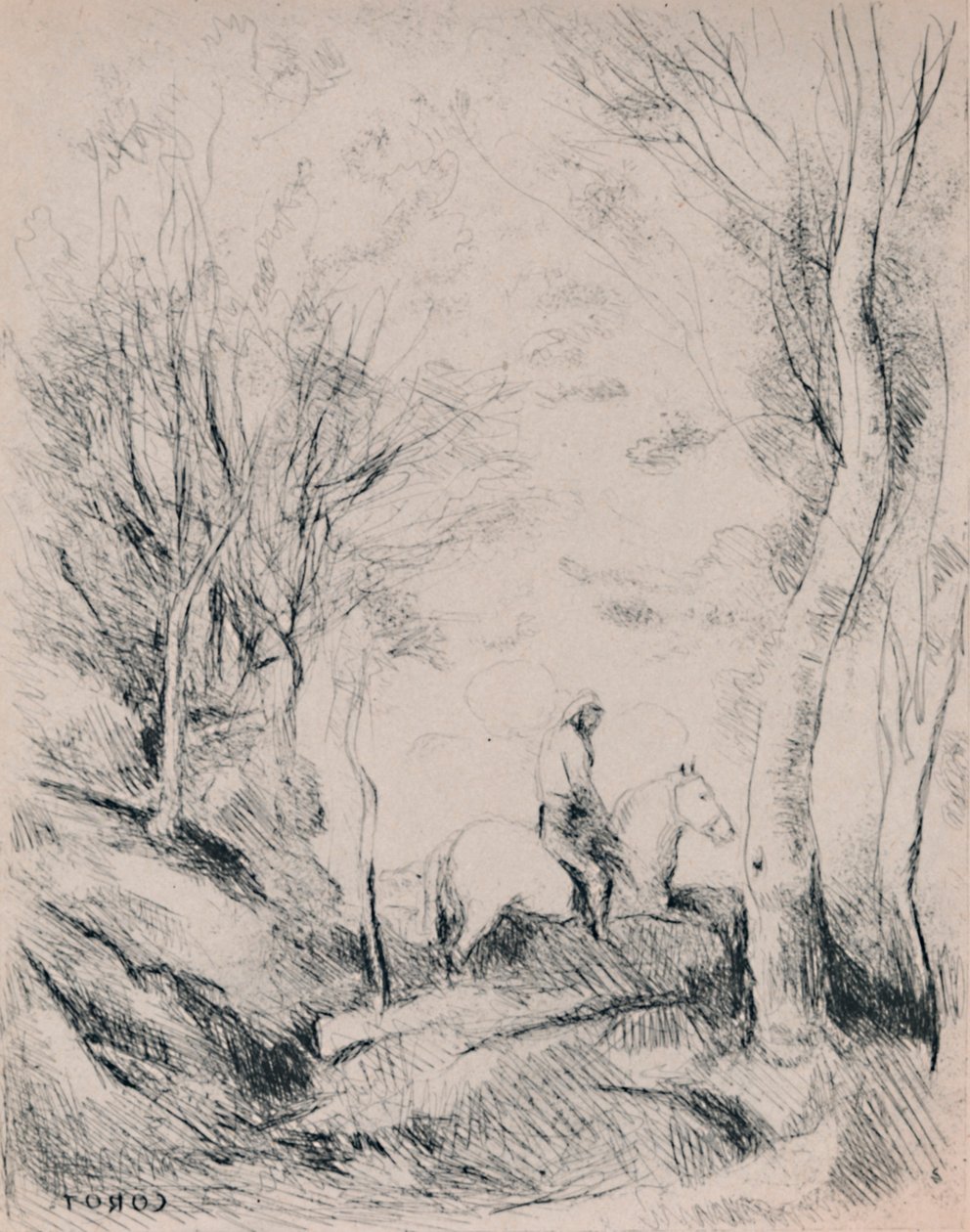Ratsumies metsässä, n. 1854, 1946 tekijältä Jean Baptiste Camille Corot