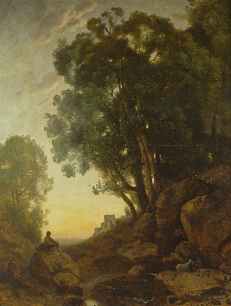 Italialainen vuohipoika tai laskevan auringon vaikutus, noin 1847. tekijältä Jean Baptiste Camille Corot