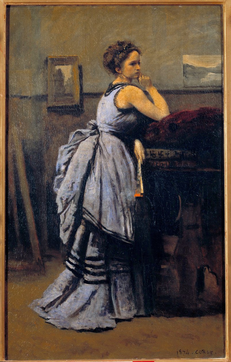 Camille Corotin (1796-1875) Nainen sinisessä maalauksessa 1874 su. 0,8x0,5 m Pariisin Louvre-museo tekijältä Jean Baptiste Camille Corot