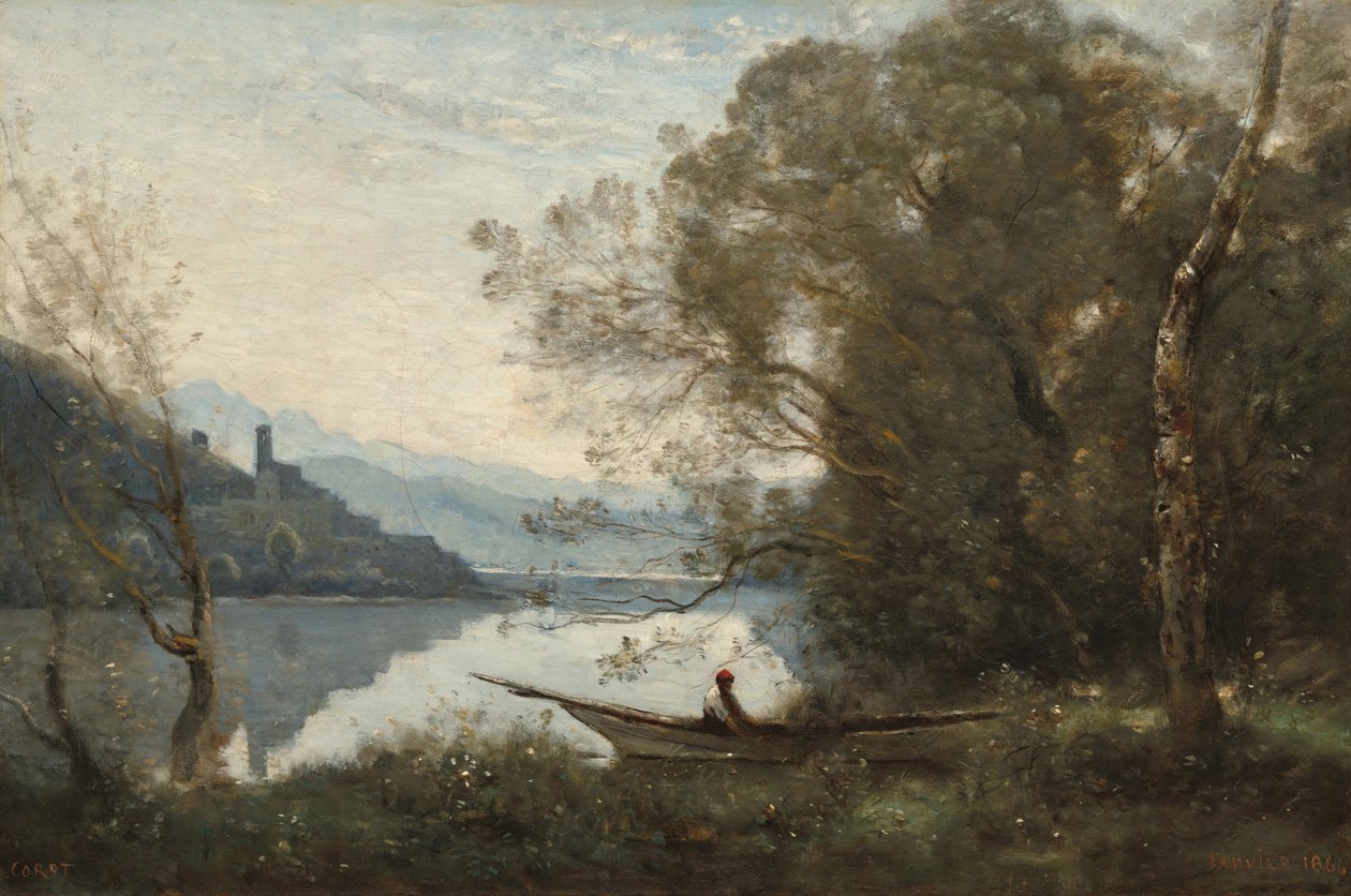 The Moored Boatman: Matkamuisto italialaisesta järvestä, 1861. tekijältä Jean Baptiste Camille Corot