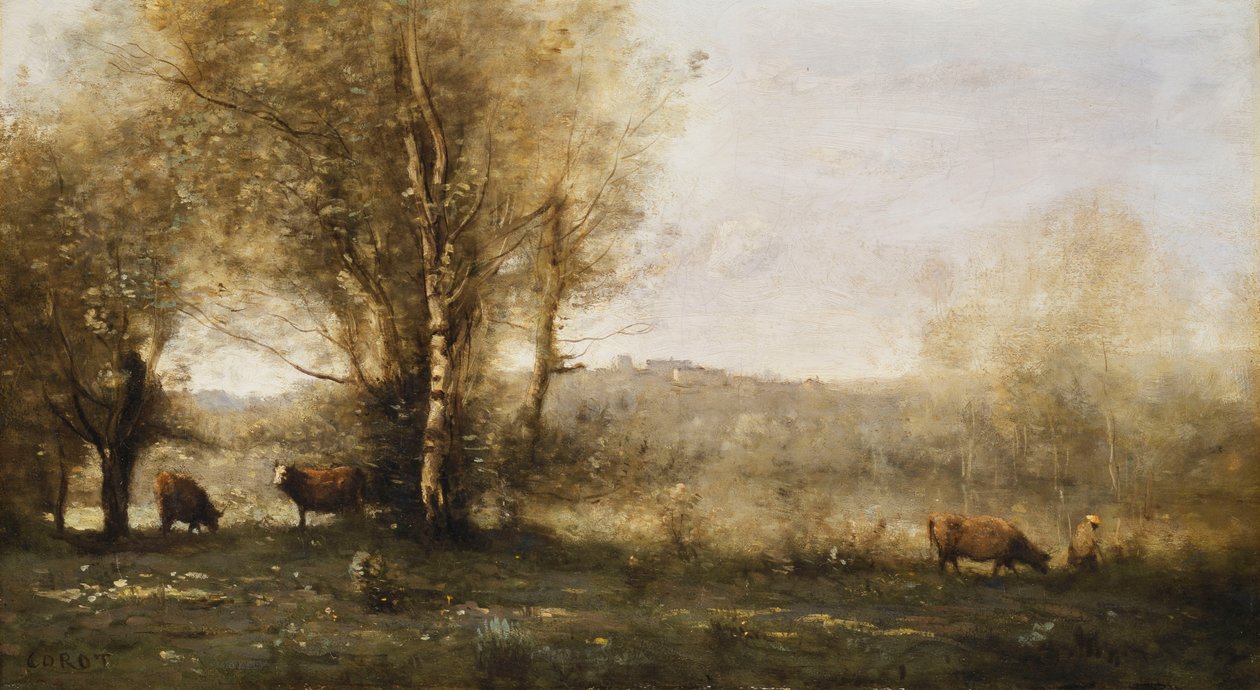 Lampi, jossa on kolme lehmää tekijältä Jean Baptiste Camille Corot