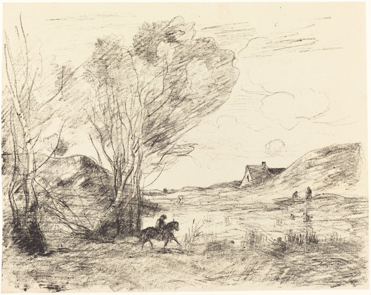 Ratsastaja kaislikossa tekijältä Jean Baptiste Camille Corot