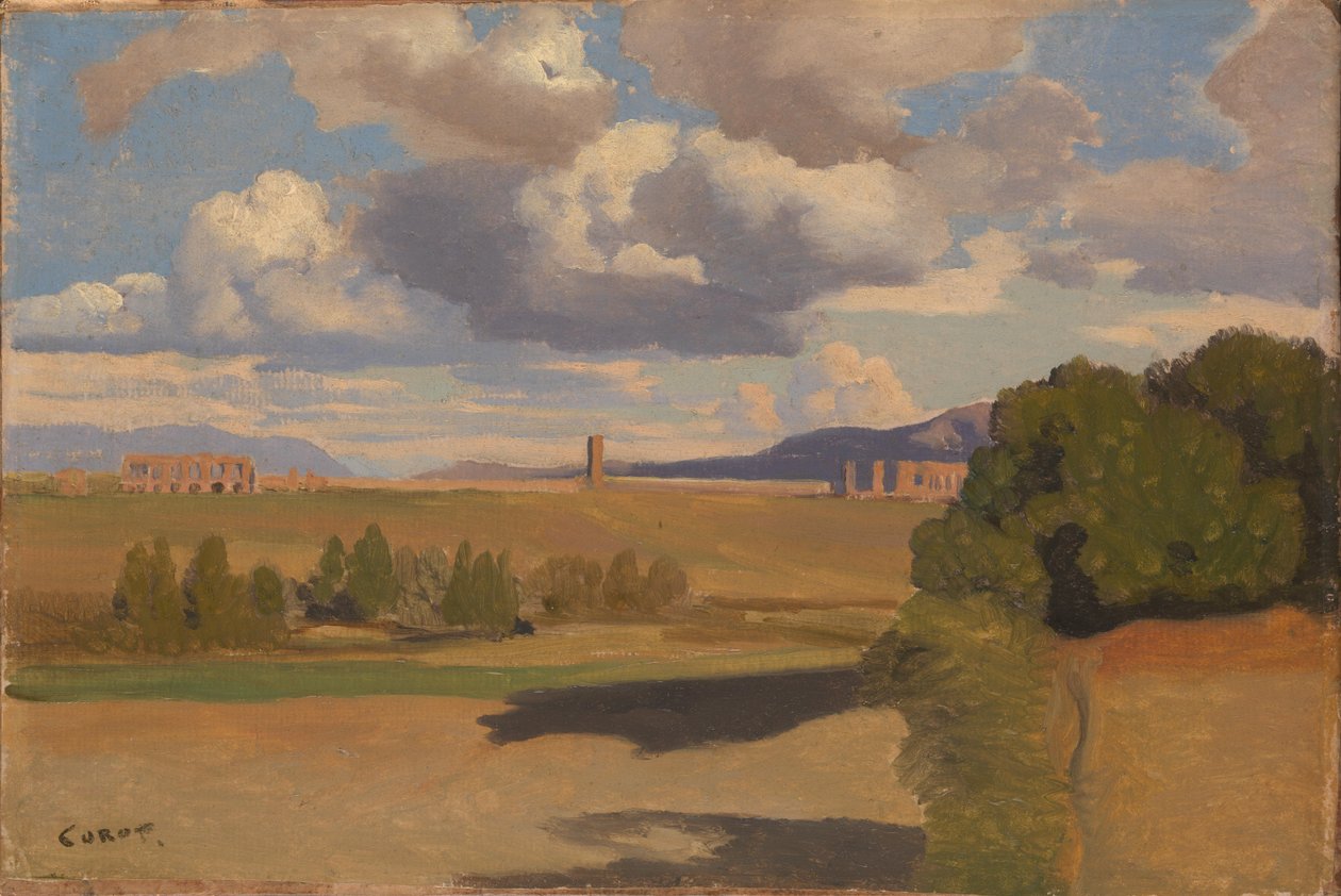 Roomalainen Campagna Claudian-akveduktineen n. 1826 tekijältä Jean Baptiste Camille Corot